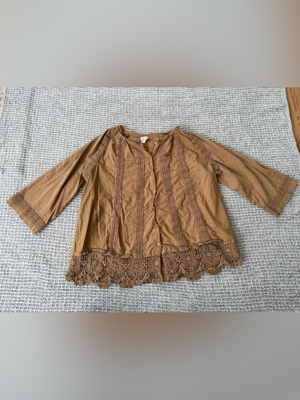 Lavish Tan Crochet-Hem Button Front Blouse